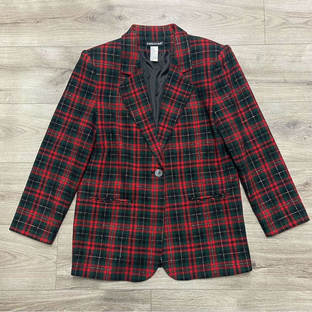 Vintage Savannah Tartan Womens 12 Wool Blend Blazer Red Preppy